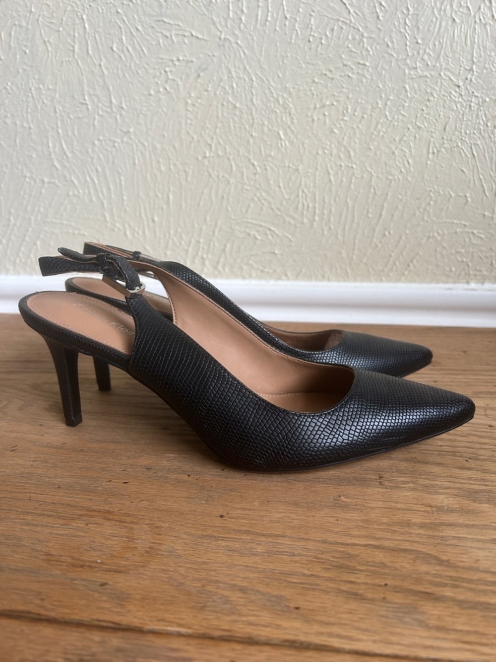Calvin Klein Black Textured Pointed Slingback Heels